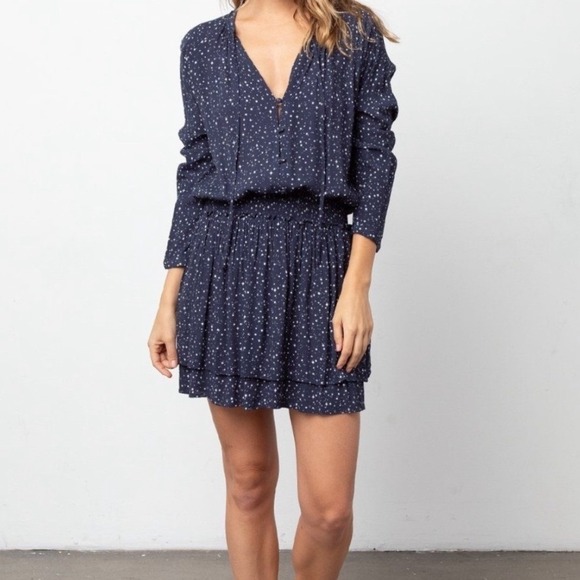 Rails Jasmine Navy Nova Star Print Smocked Waist V Neck Mini Dress MEDIUM - Picture 2 of 12